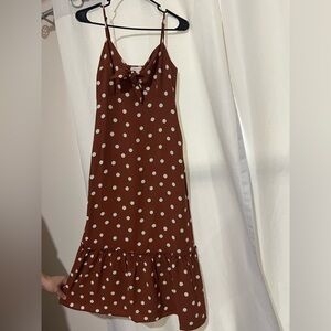 Spotted Tie-Front Brown Polka Dot Midi Dress